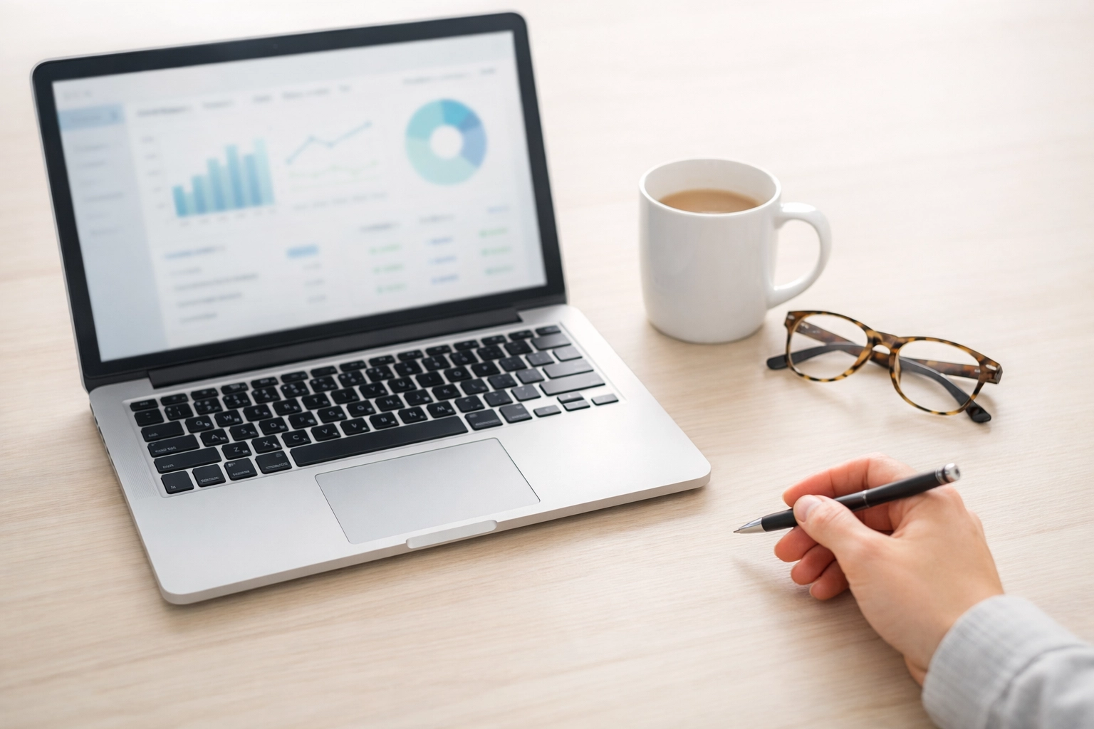 Modern workspace with a financial dashboard showing human oversight for accurate small business bookkeeping.