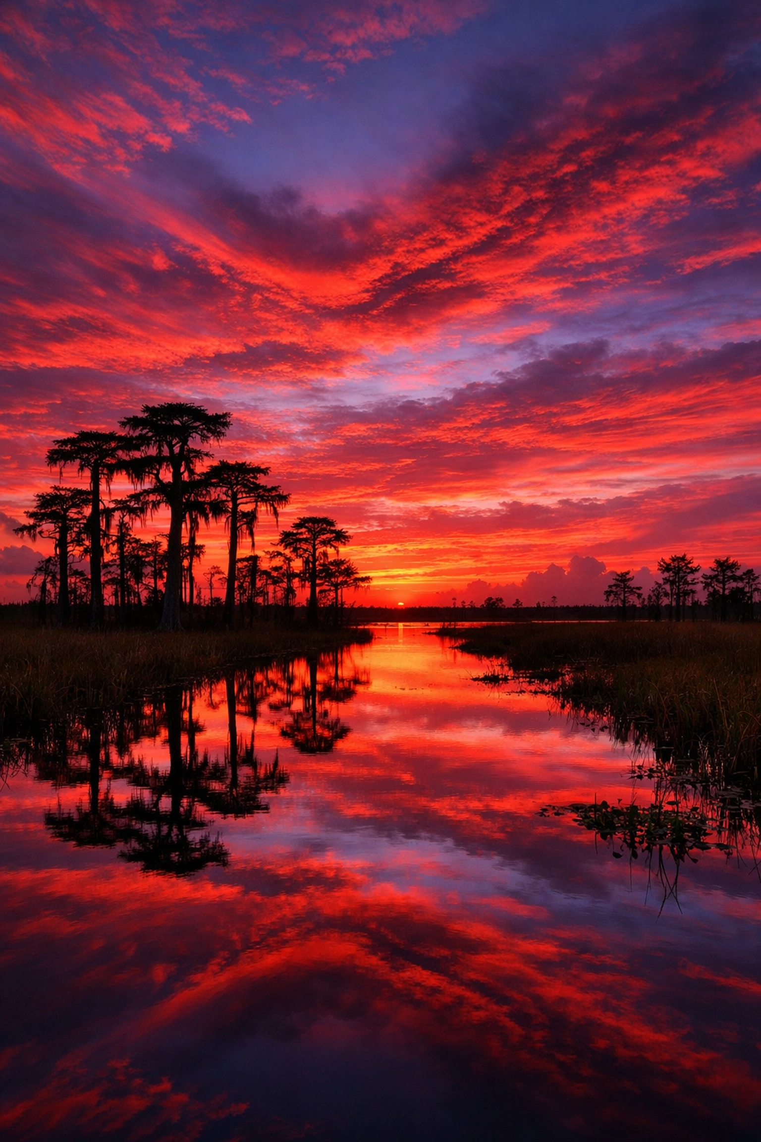Sunset landscape reflecting in the water with cypress trees in the Everglades wilderness.