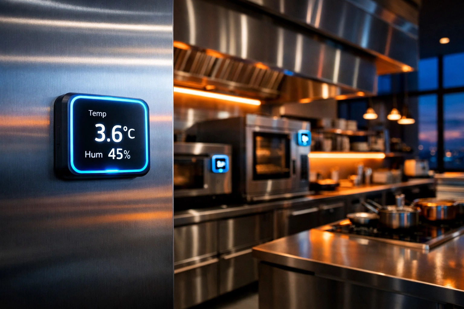 IoT temperature sensors monitoring restaurant kitchen equipment for predictive maintenance