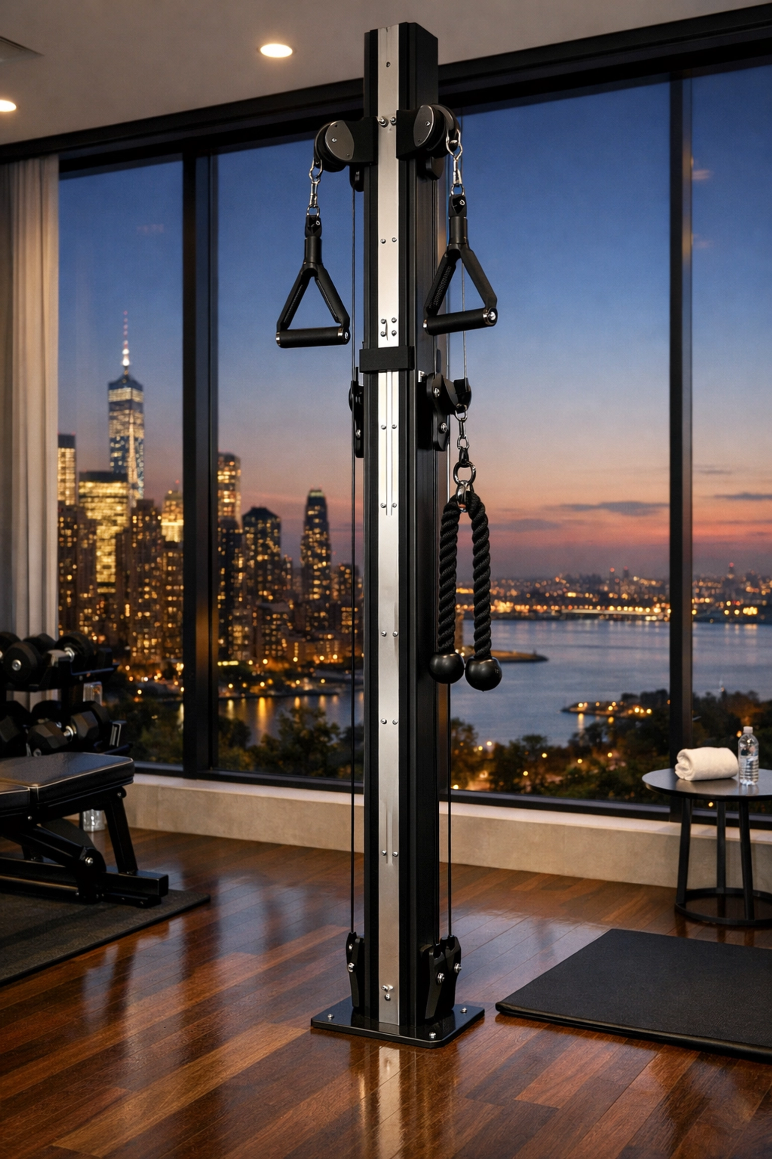 A sleek no wall damage workout system and home gym equipment installed in a luxury apartment.