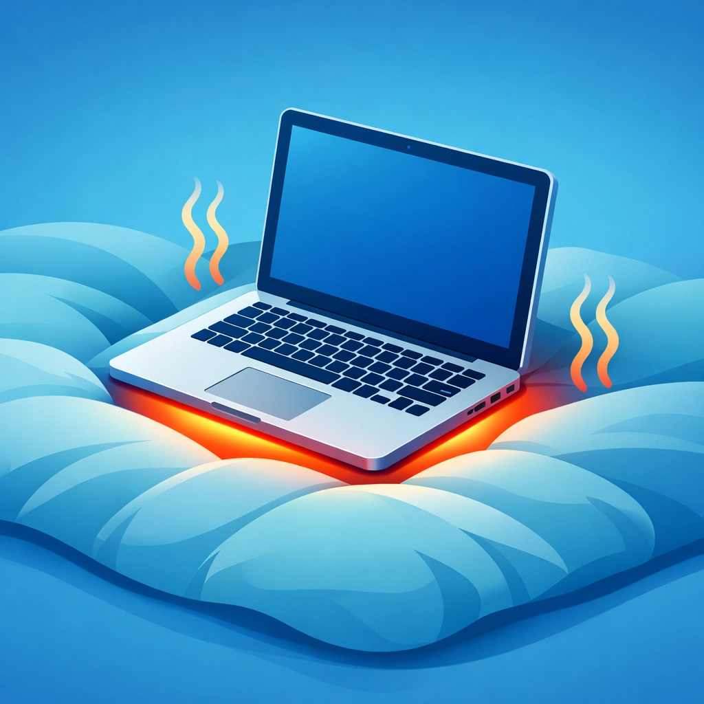 Illustration of a laptop overheating on a soft blanket, showing why hard surfaces are better for PC longevity.