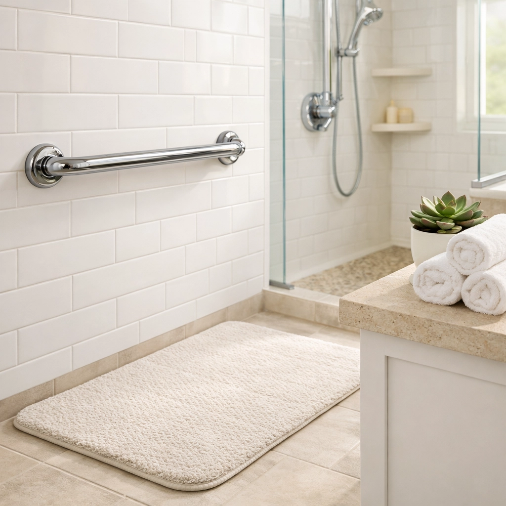 Safe bathroom setup with a mounted grab bar and non-slip floor mat to prevent senior falls.