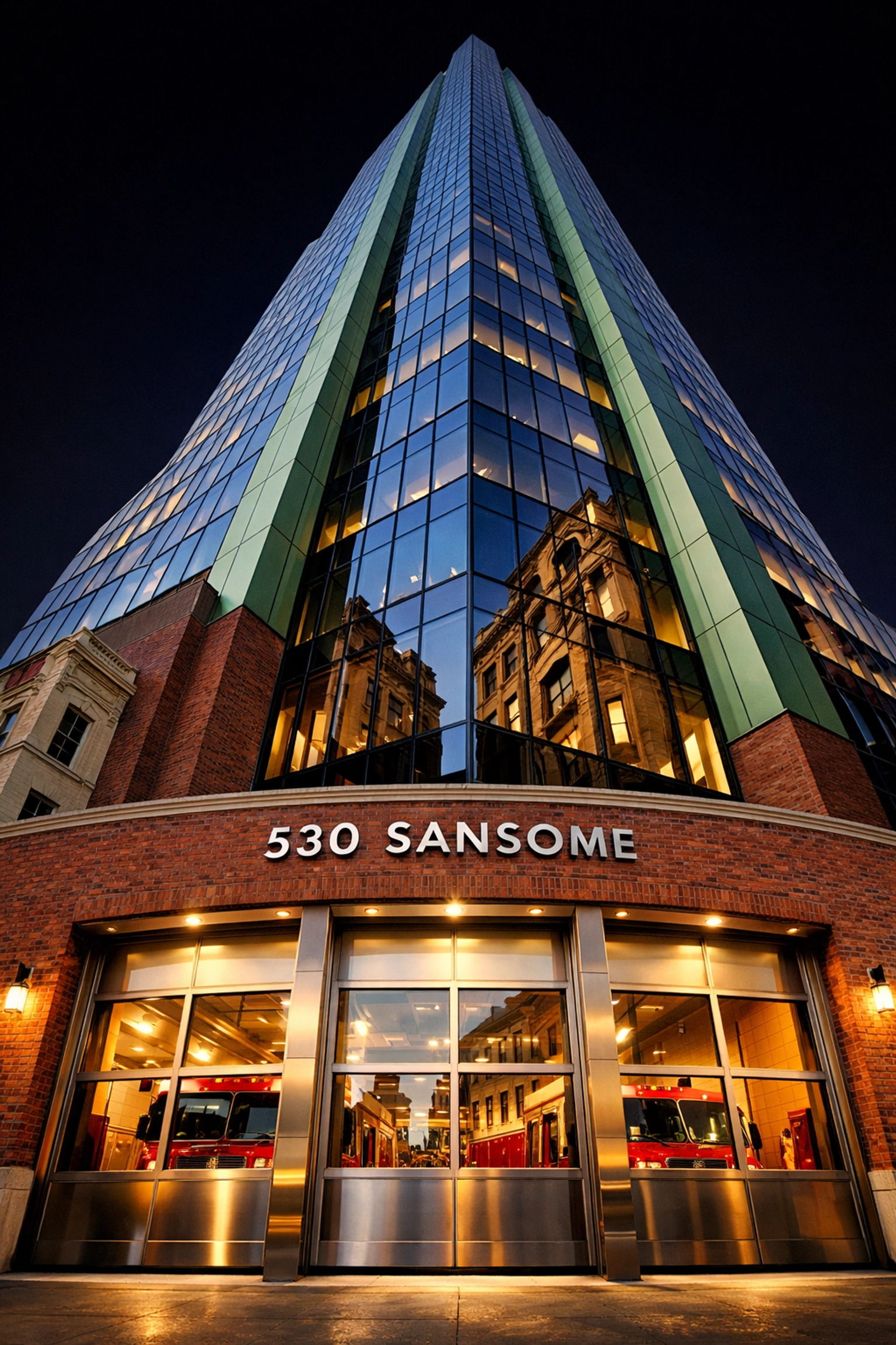530 Sansome mixed use development featuring a fire station base and glass tower architecture.