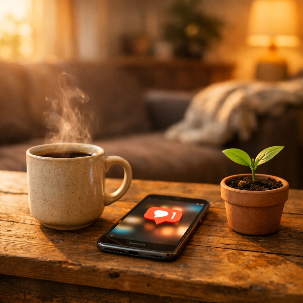 A small plant sprout next to a phone notification, representing the nurturing process of real estate leads.