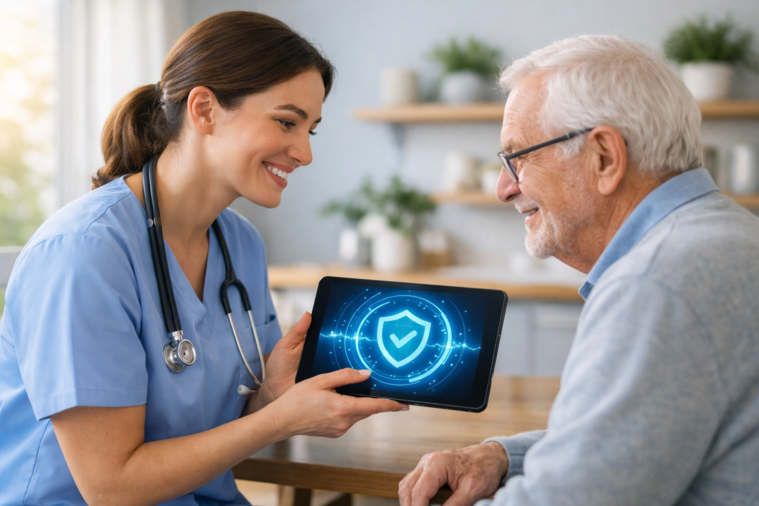 Clinician using predictive analytics in healthcare to identify patient risks during a home health visit.