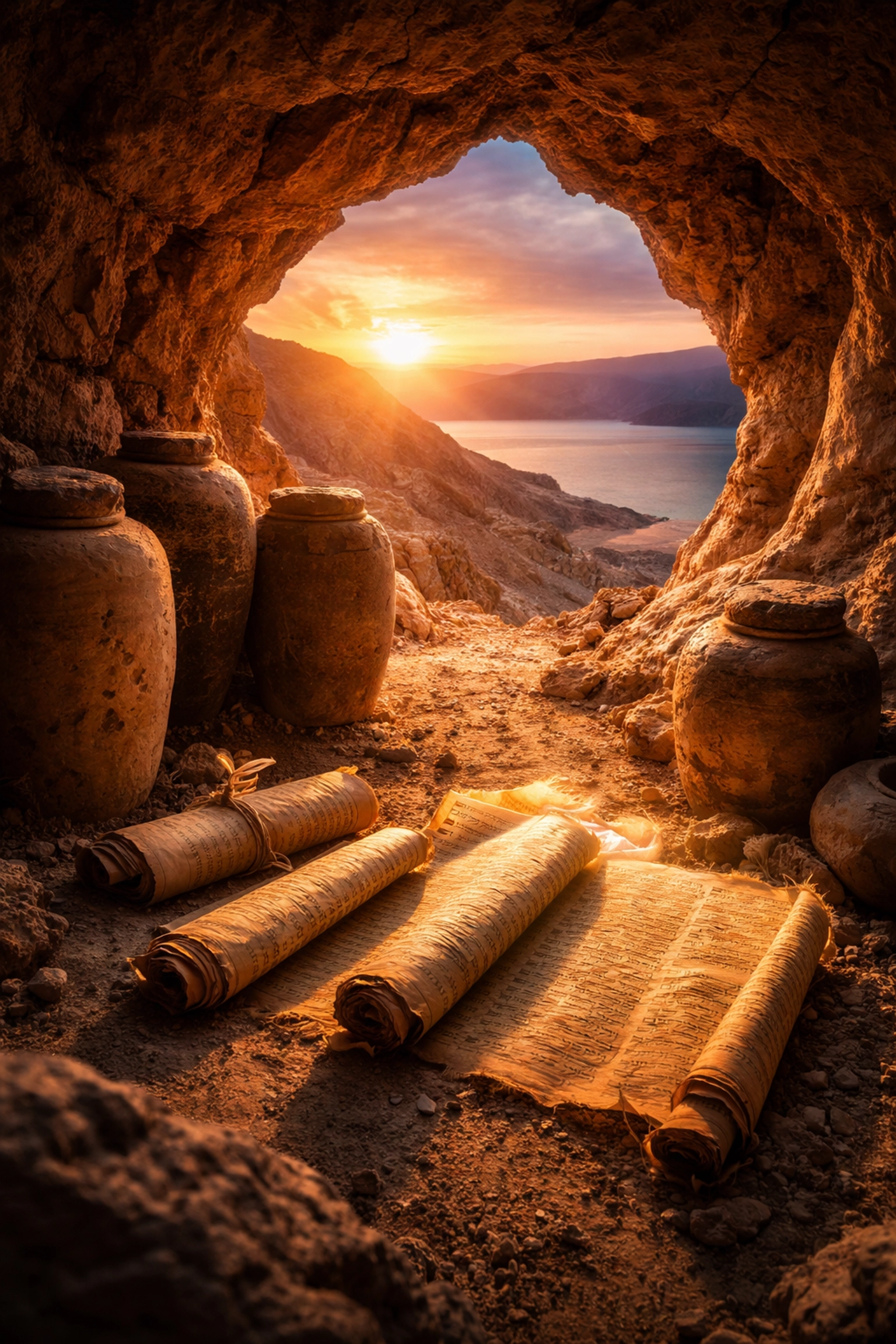 Ancient clay jars and scrolls discovered in a cave near the Dead Sea, illustrating archaeology's role in confirming biblical history