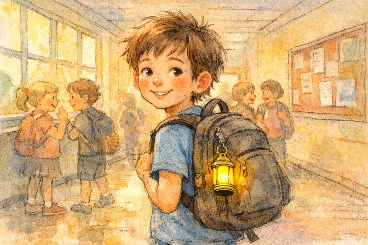 Leo walking through elementary school hallway with glowing lantern on backpack