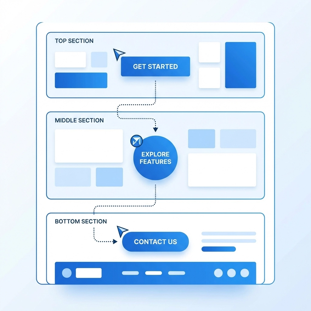 Diagram showing strategic CTA button placements at the top, middle, and bottom of a web page