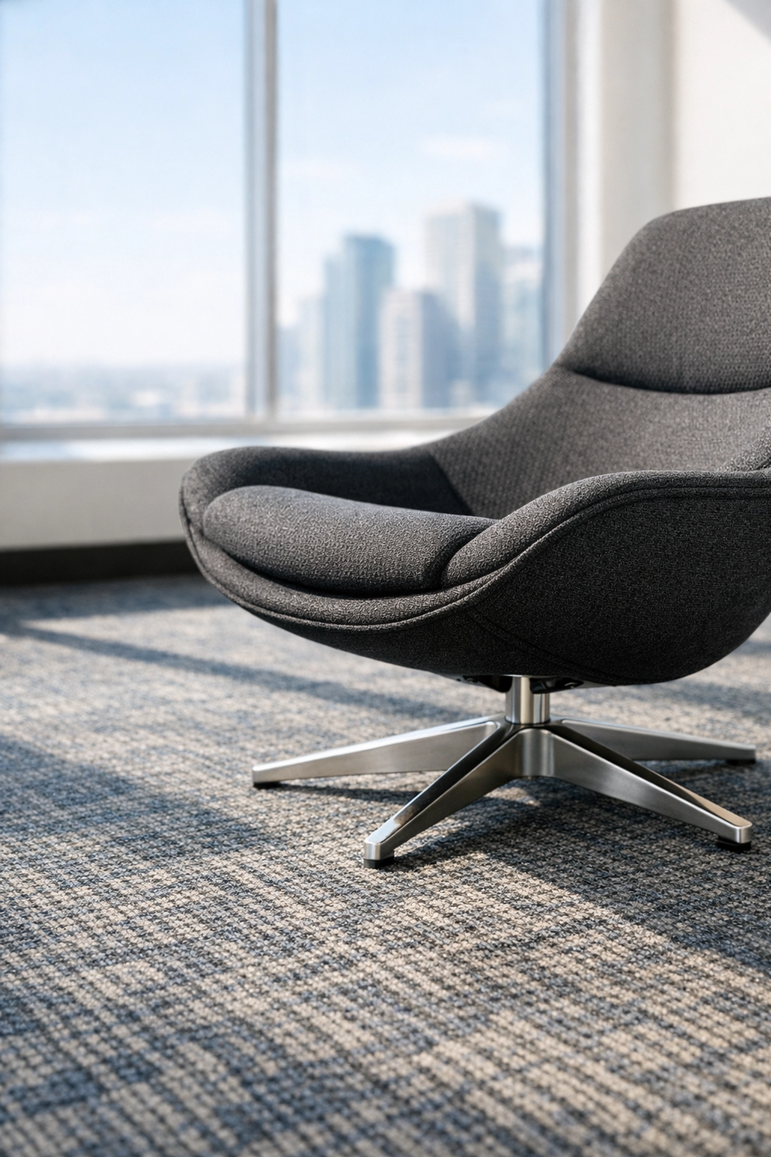Clean office lounge furniture and commercial carpeting following a professional upholstery deep clean.
