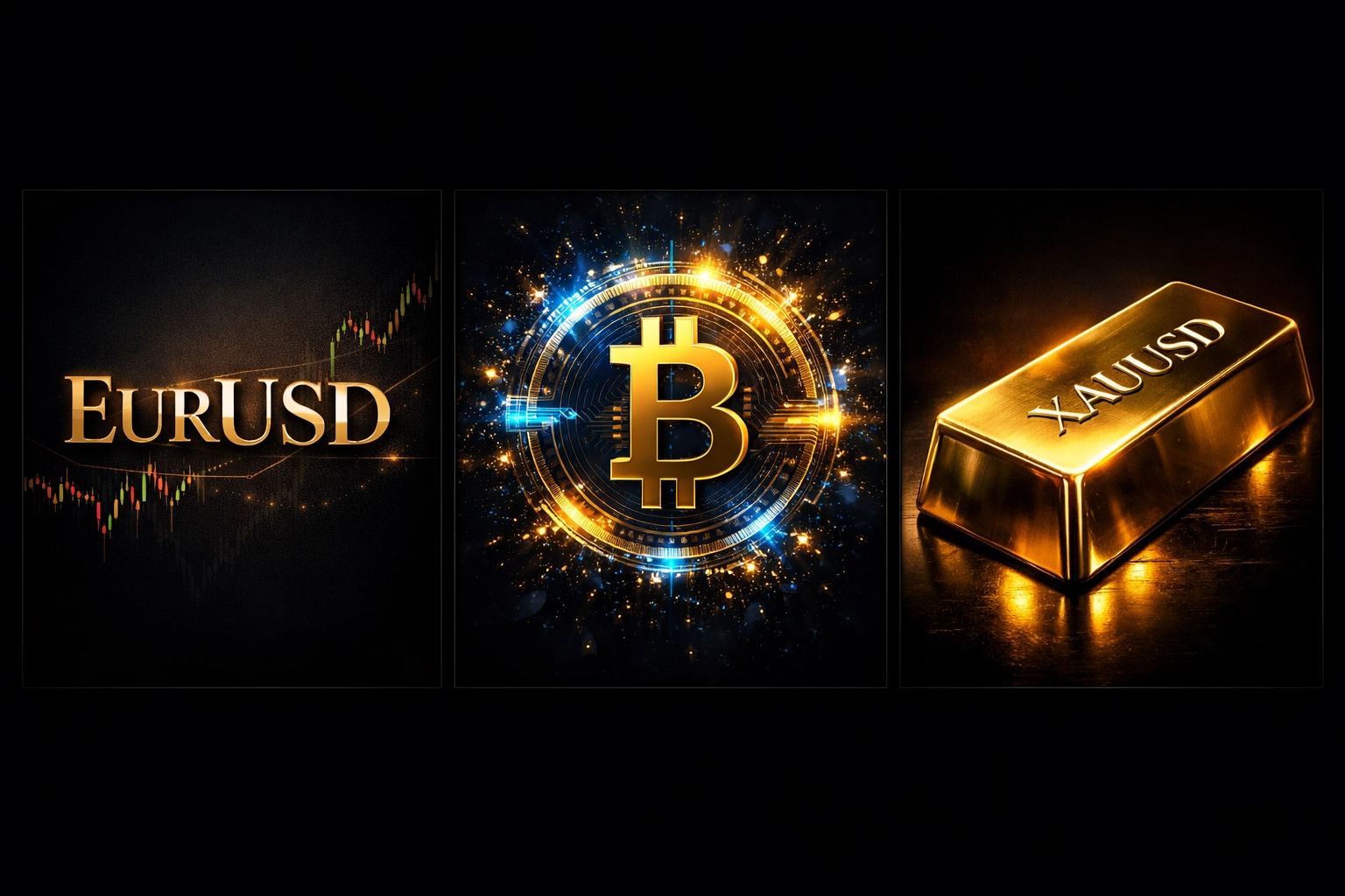 Three major trading markets: EURUSD forex pair, Bitcoin cryptocurrency, and gold XAUUSD