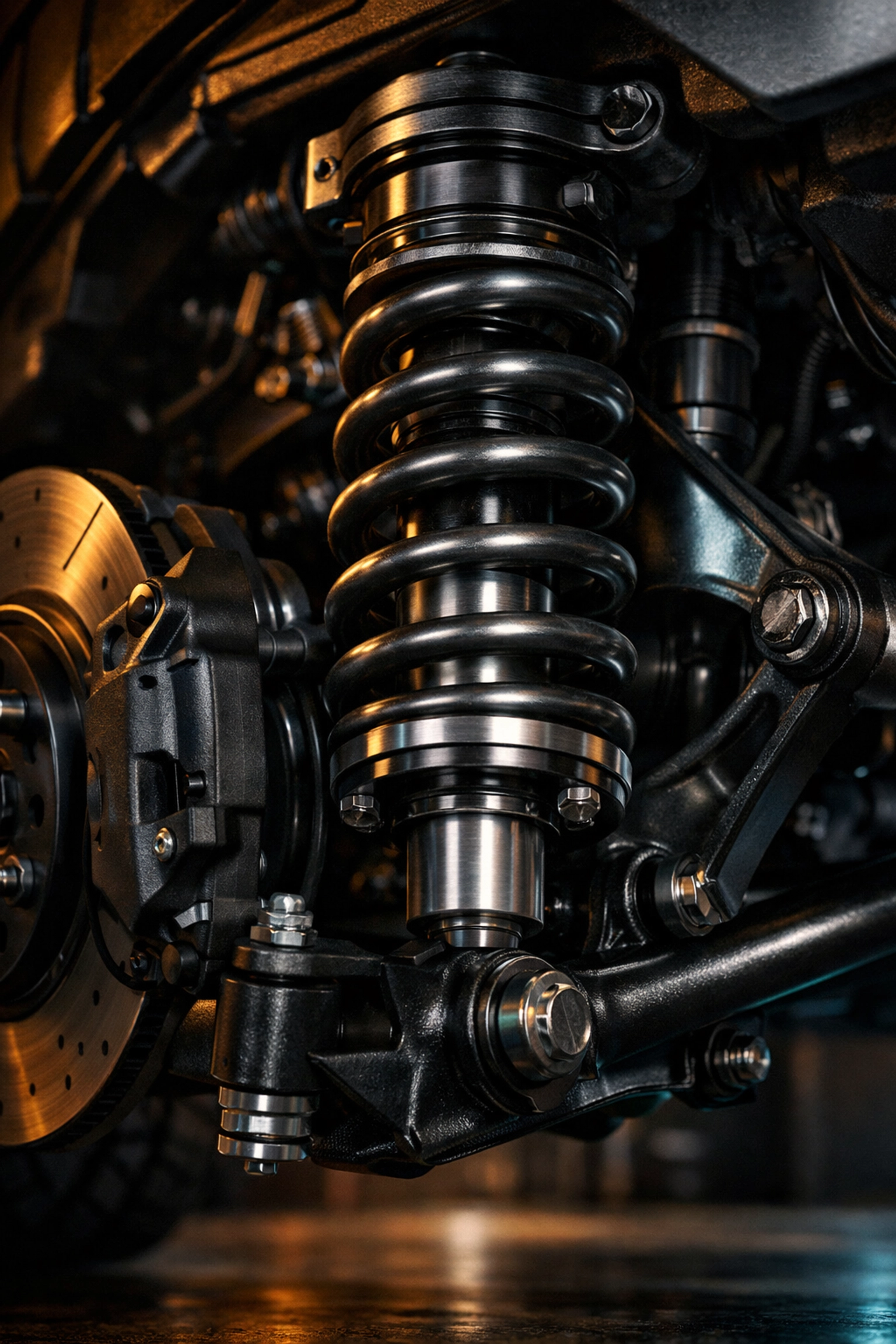 Detailed view of a car shock absorber and suspension system for expert auto repair in Hillsdale, MI.
