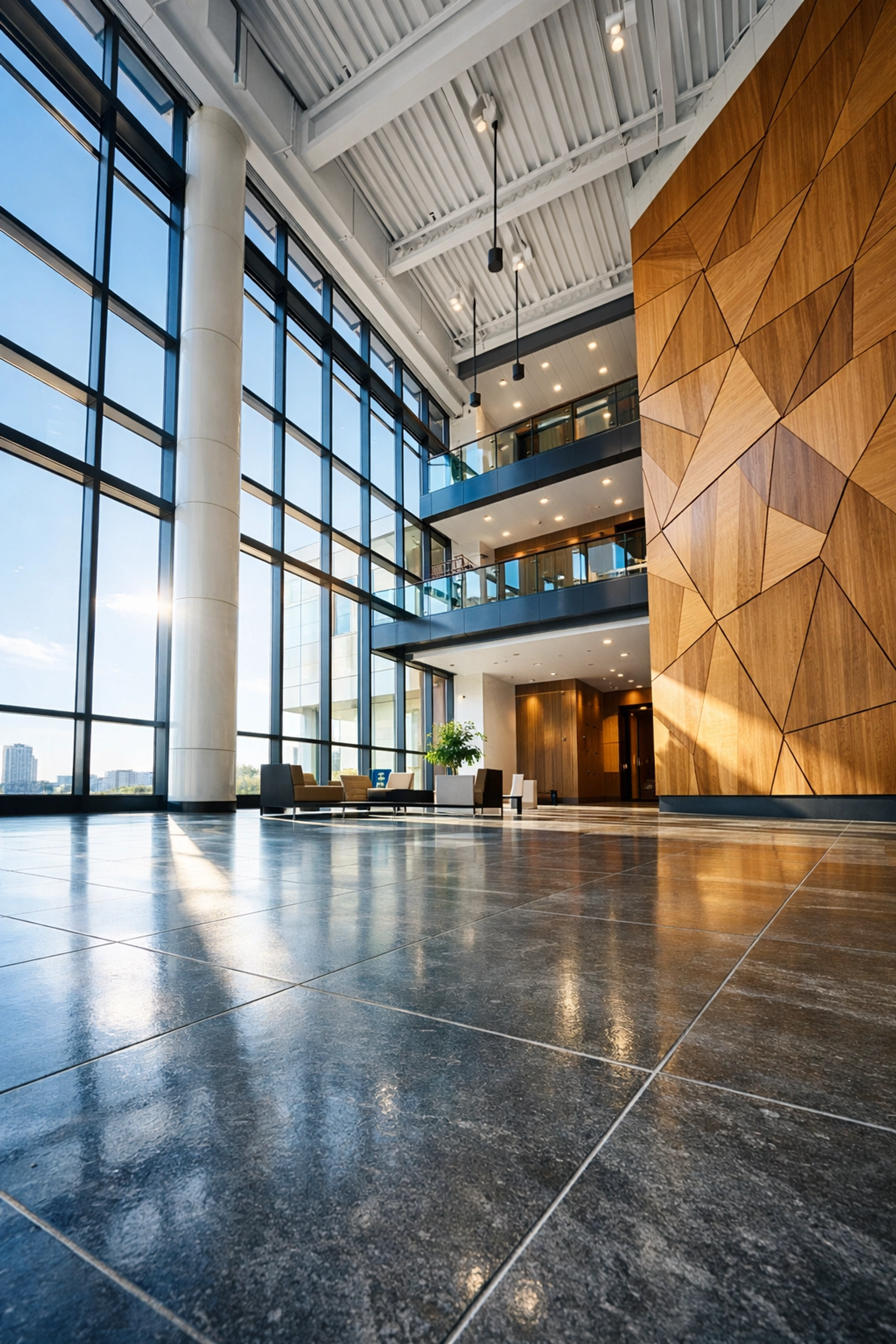 Pristine office lobby after professional post-construction cleaning in Milford, Massachusetts.