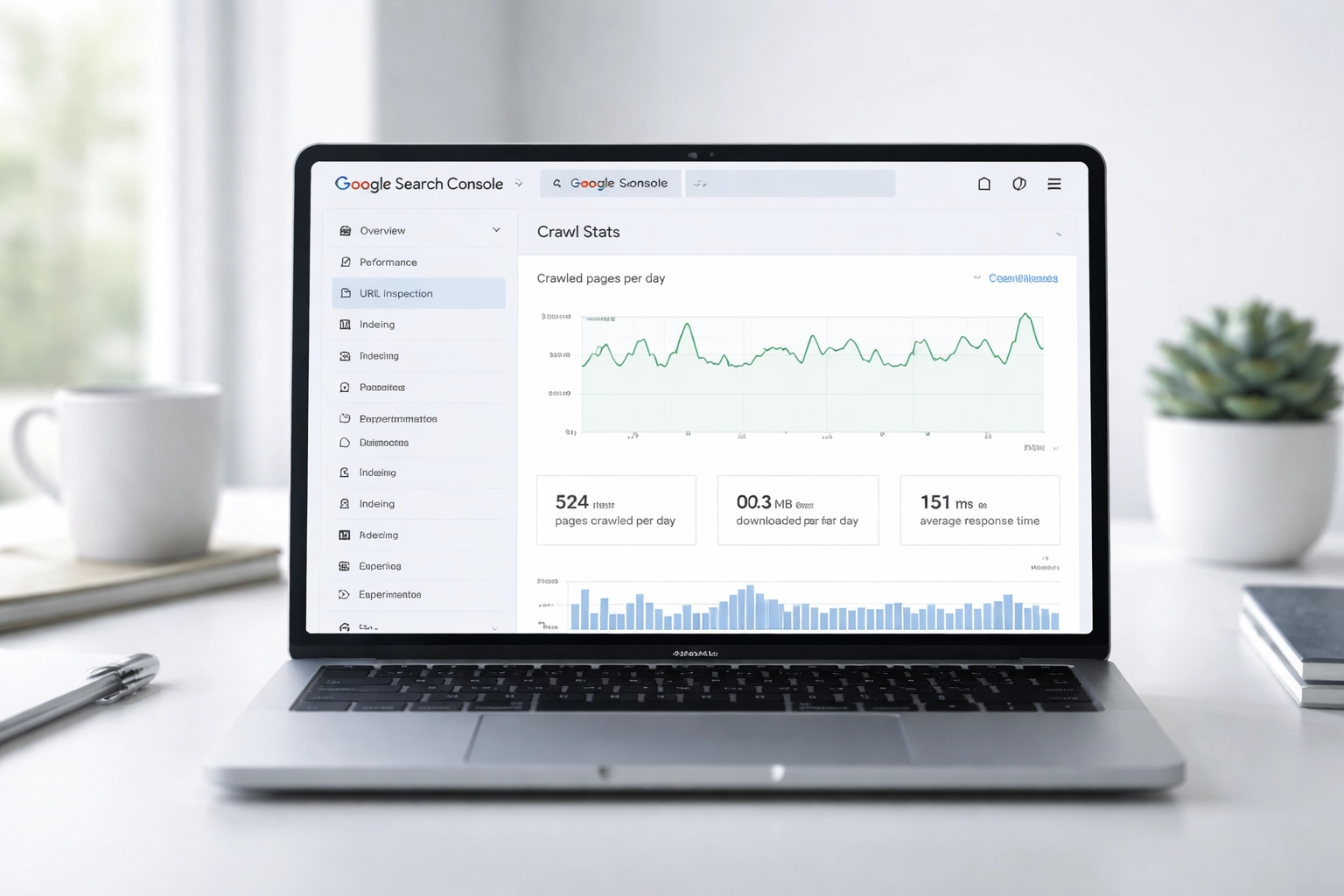 Laptop on a modern desk showing Google Search Console crawl and index stats for Shopify SEO optimization