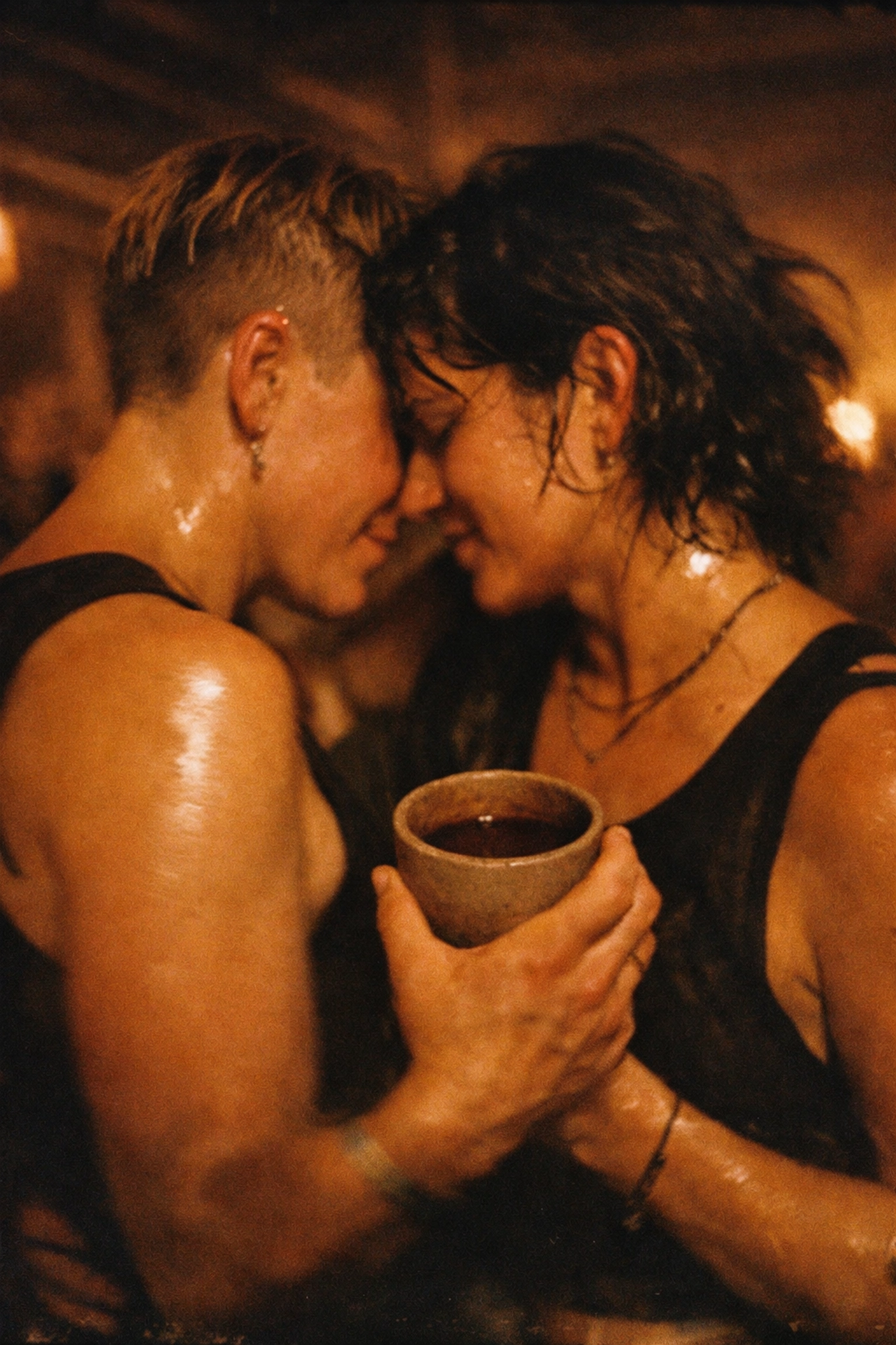 Couple sharing a cacao ceremony during a Sober Berlin ecstatic dance in Kreuzberg.