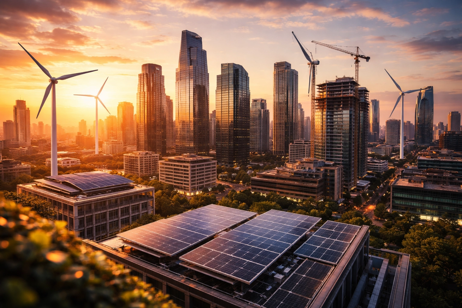 City skyline at sunset with real estate, infrastructure, and renewable energy, representing alternative investments.