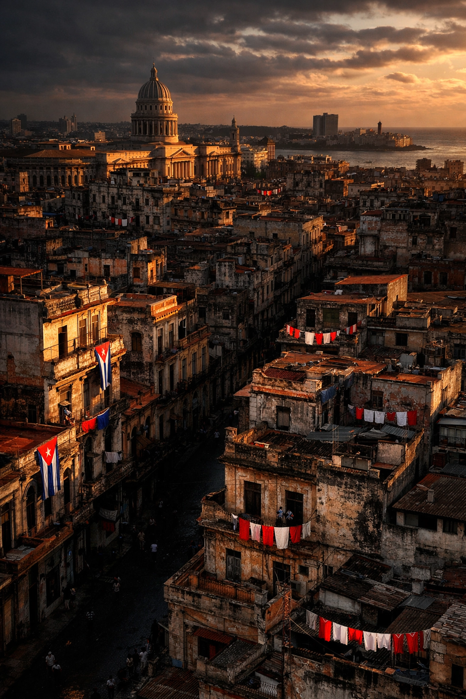 Aerial view of Havana, Cuba showing darkened streets during humanitarian crisis and power blackouts