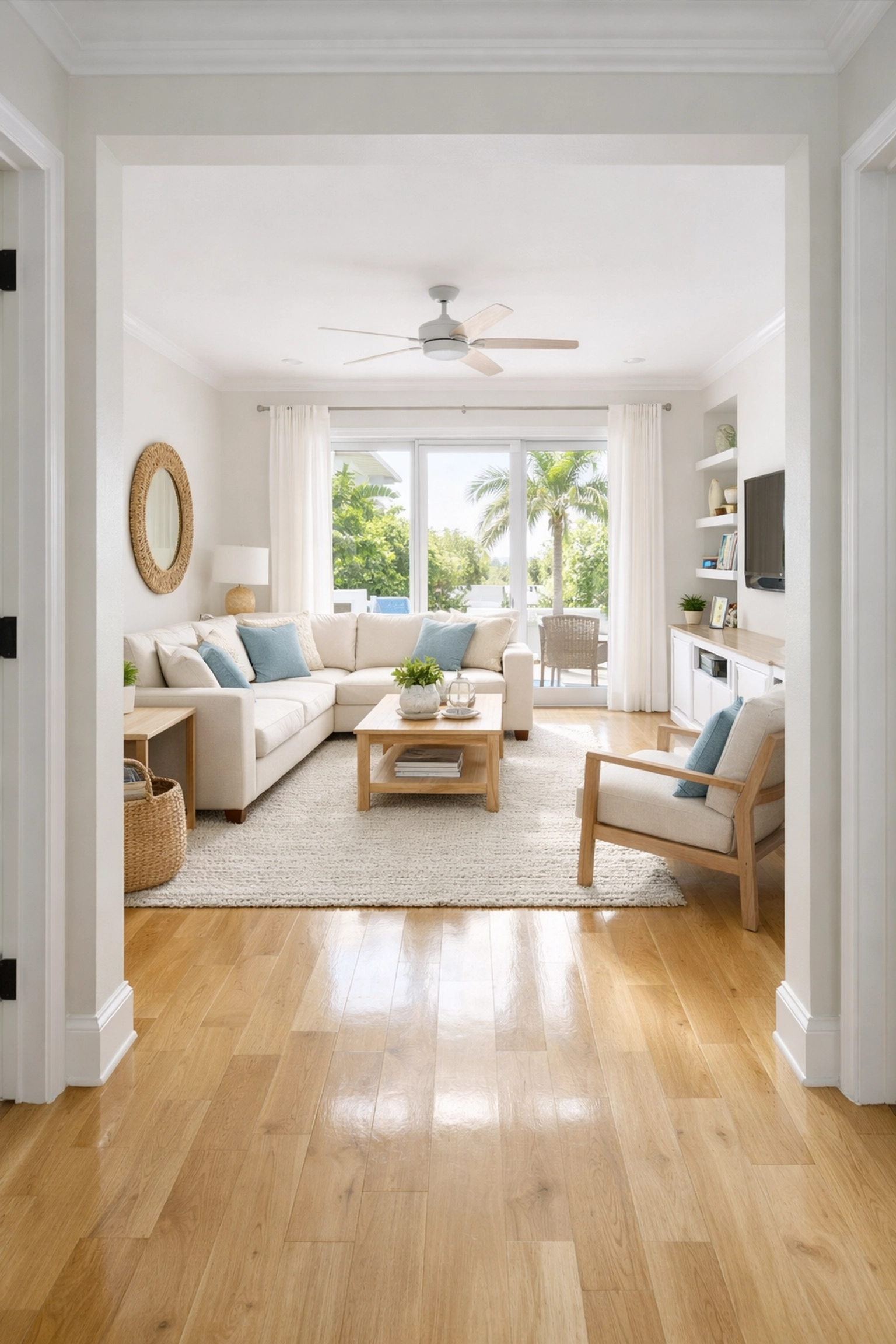 Bright staged living room in Port St. Lucie home with coastal decor and natural sunlight