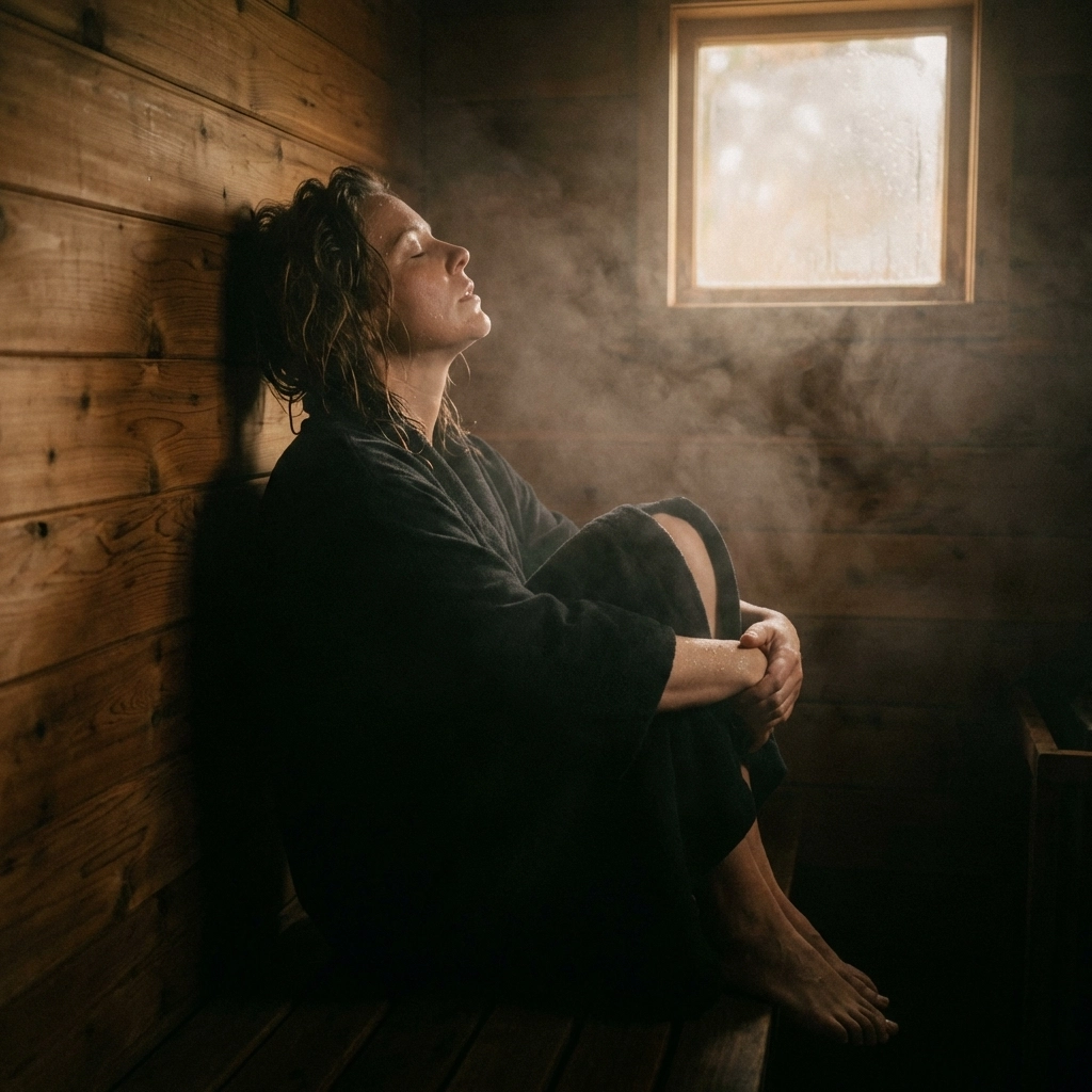 A person relaxing in a steamy Berlin sauna after a long day of vintage shopping at flea markets.