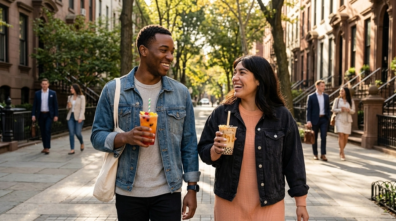 Two friends enjoying the new beverages while walking through the local neighborhood.