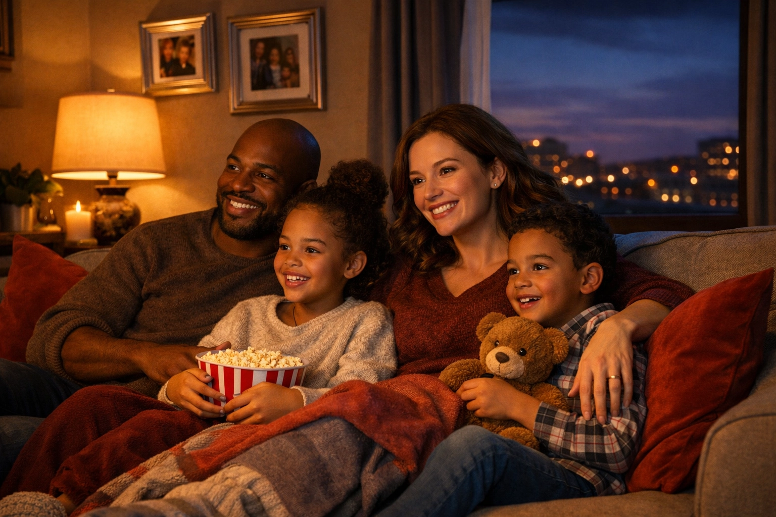 Family gathered together watching television representing unity and shared Christian community