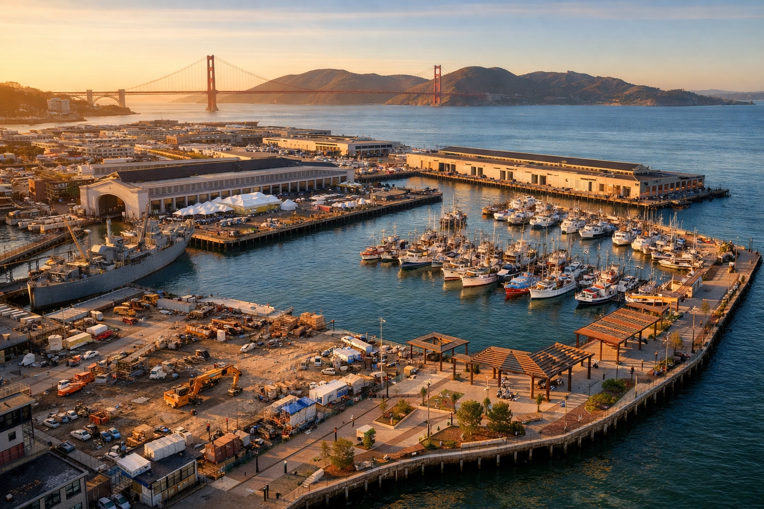 Aerial view of Fisherman's Wharf redevelopment project with Pier 45 and San Francisco waterfront