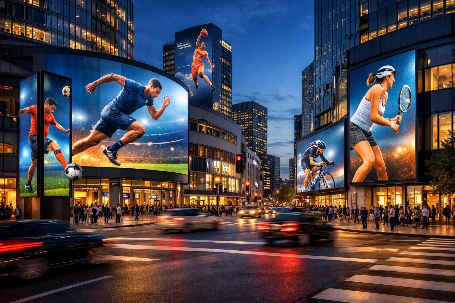 Programmatic DOOH screens displaying sports advertisements in a busy metropolitan intersection.