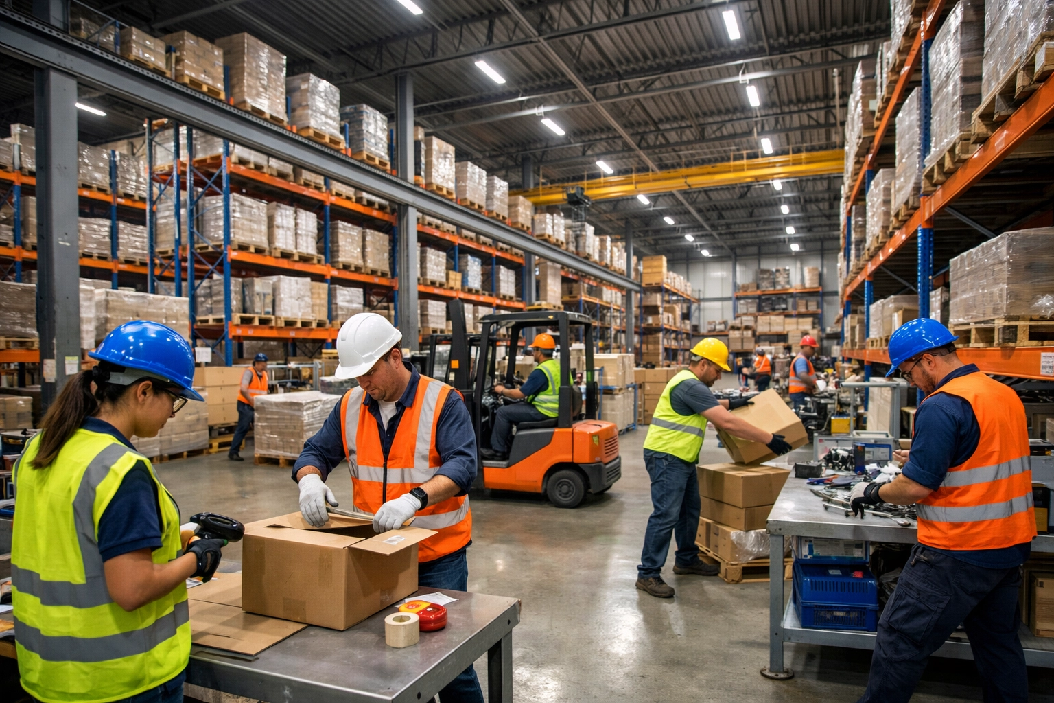 Warehouse employees working safely with proper workers' compensation protection