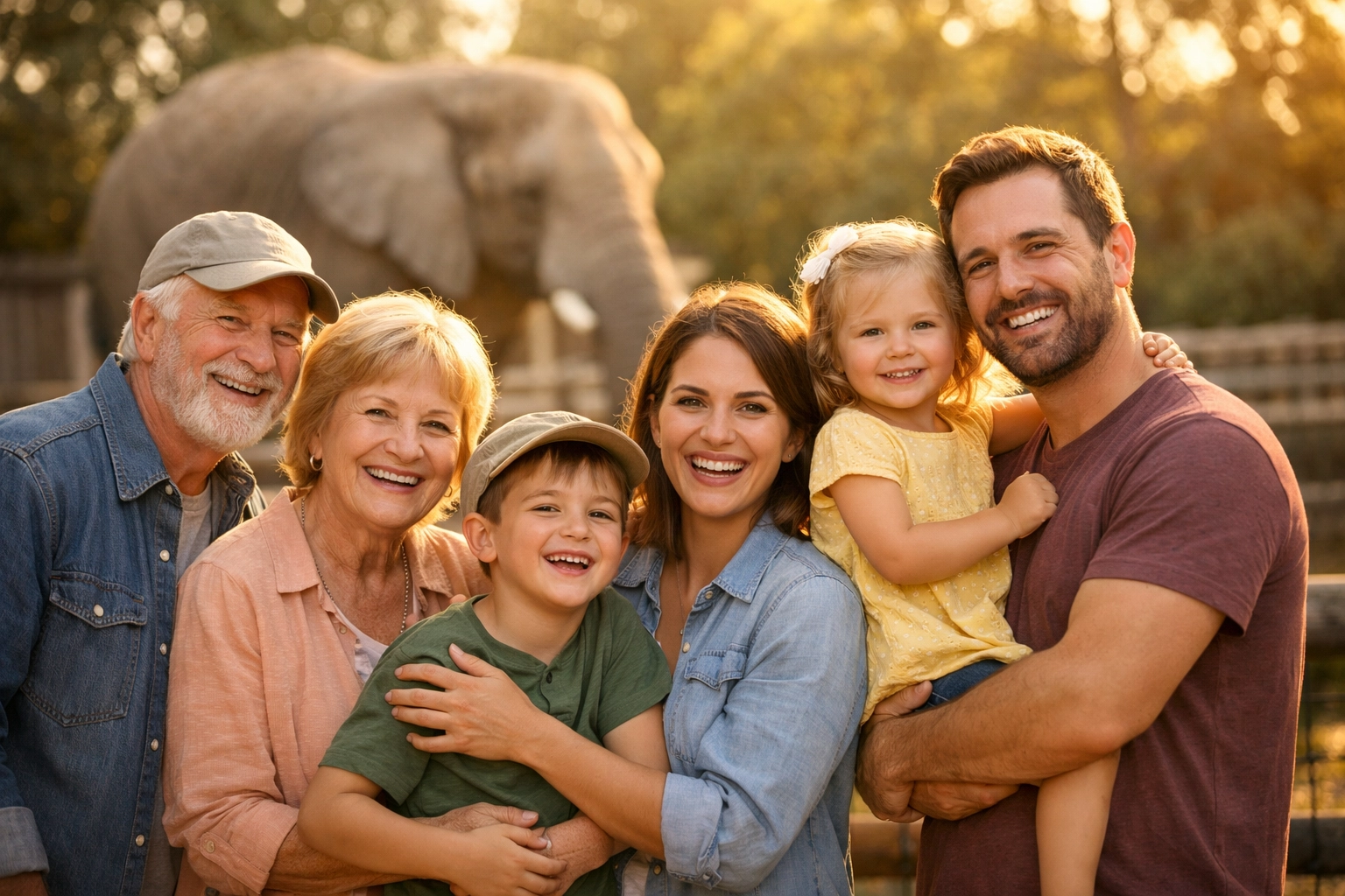 Multi-generational family creating memories at zoo elephant exhibit experience