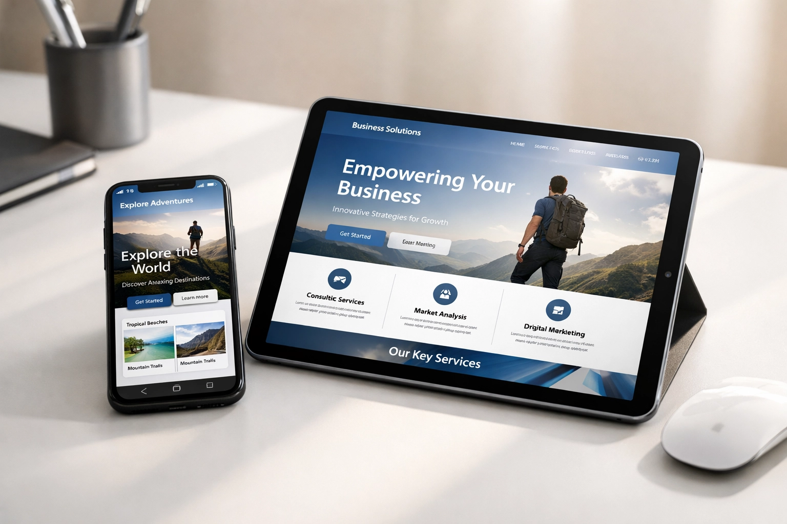 Responsive B2B website displayed on smartphone and tablet showing clear navigation