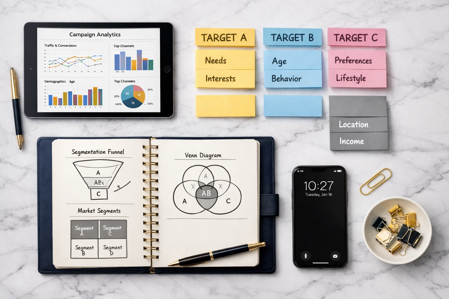 Strategic workspace layout demonstrating PPC campaign segmentation for B2B lead generation