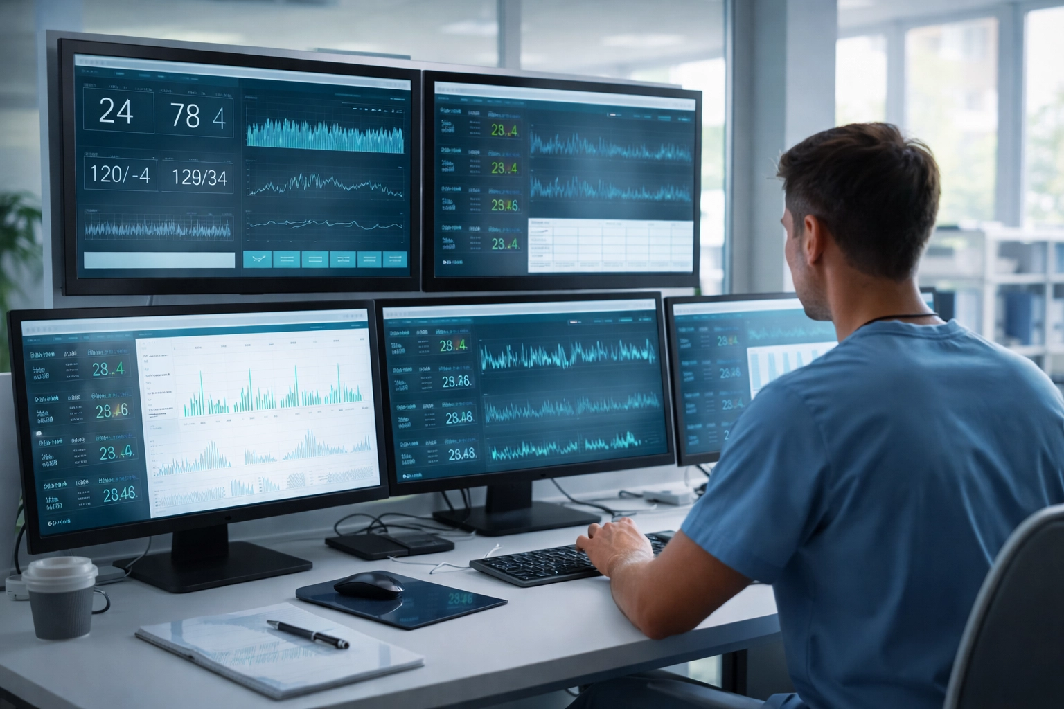 Healthcare professional using real-time clinical decision support system to monitor patient vital signs and data