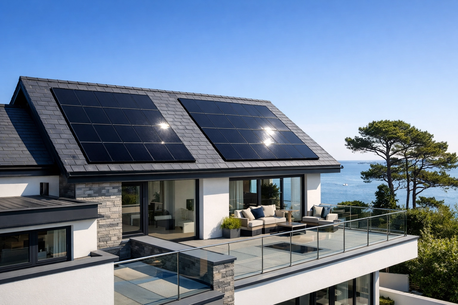 Modern coastal home in Poole featuring high-efficiency black solar PV panels integrated into a slate roof.