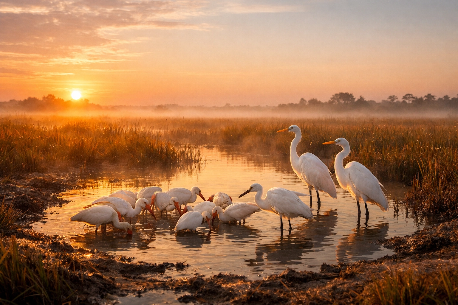 The Ultimate Guide to Everglades Wildlife Photography: Everything You Need to Succeed 1 Sunrise over the Everglades with white ibises and egrets in a shallow water hole during the dry season.