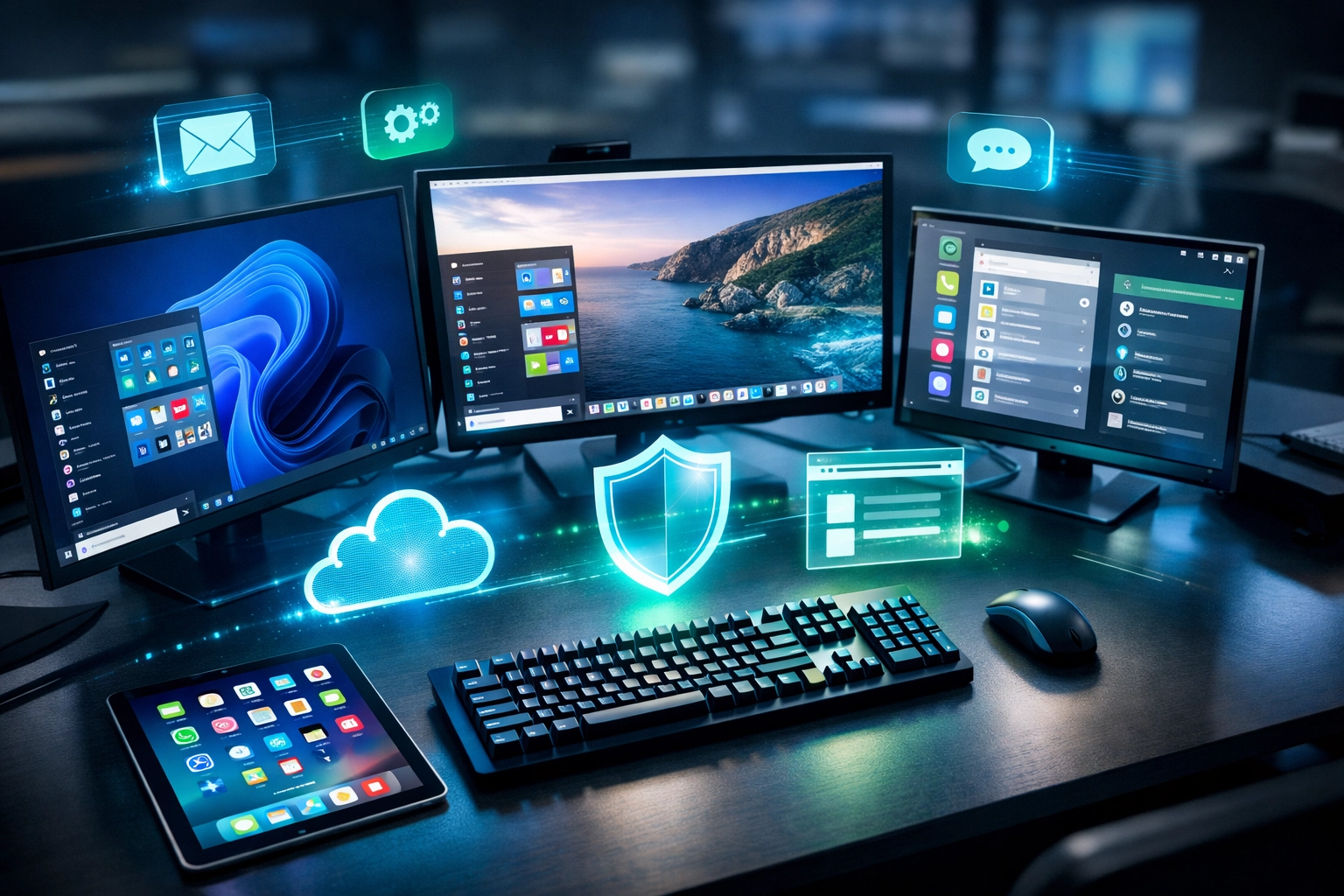 Multi-monitor workspace displaying Windows, macOS, iOS and Android operating systems