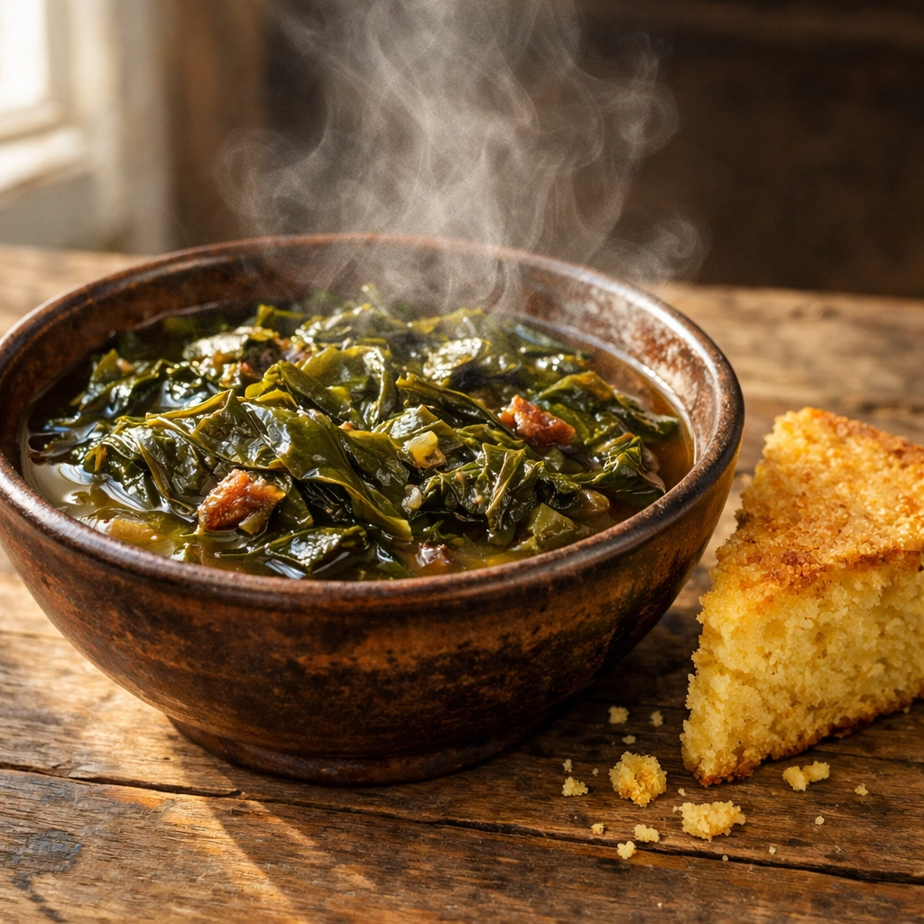 A bowl of Southern collard greens in savory potlikker broth served with a wedge of golden cornbread.