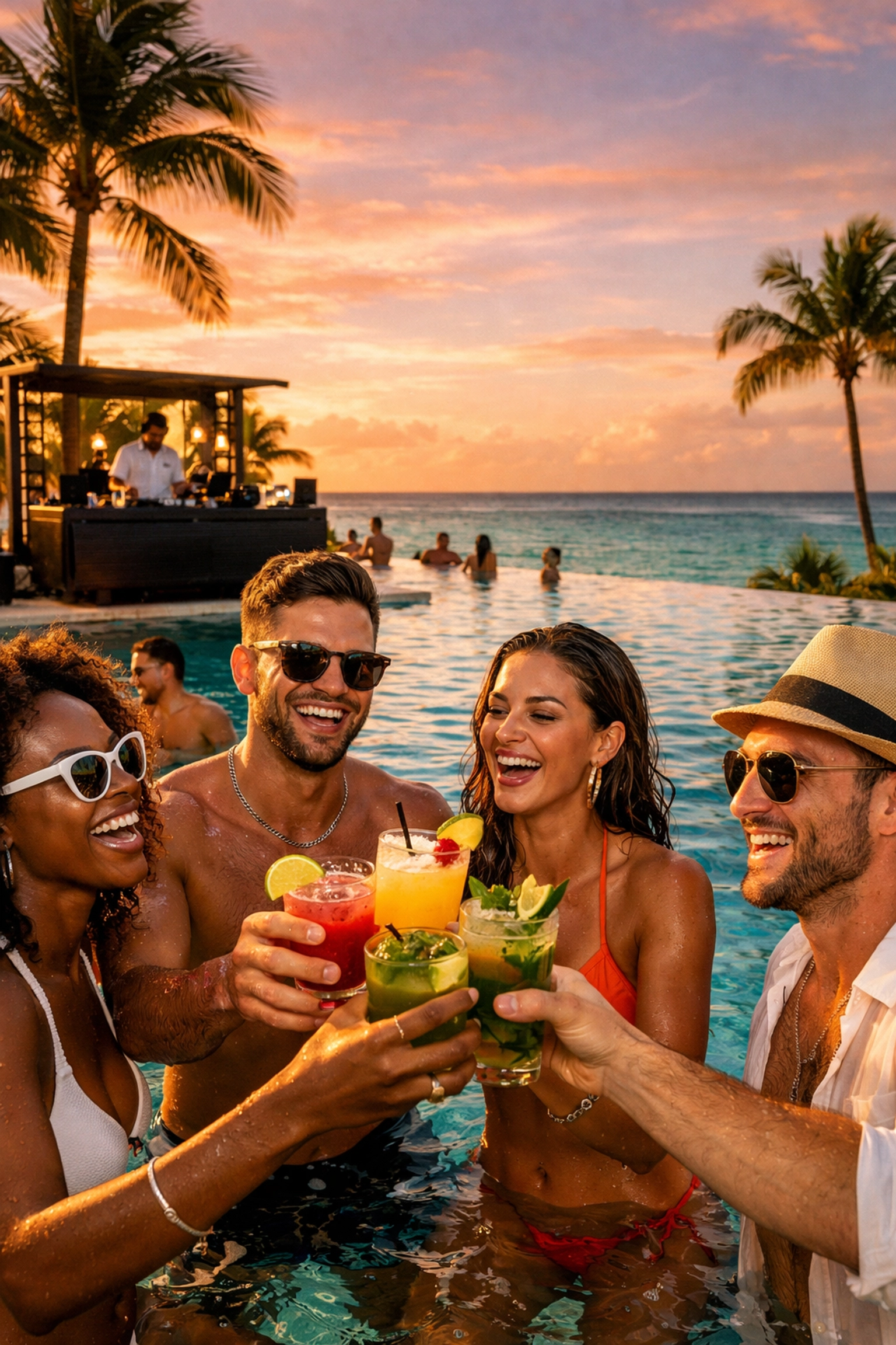 Adults enjoying cocktails at the Breathless Punta Cana infinity pool during an all-inclusive luxury pool party.