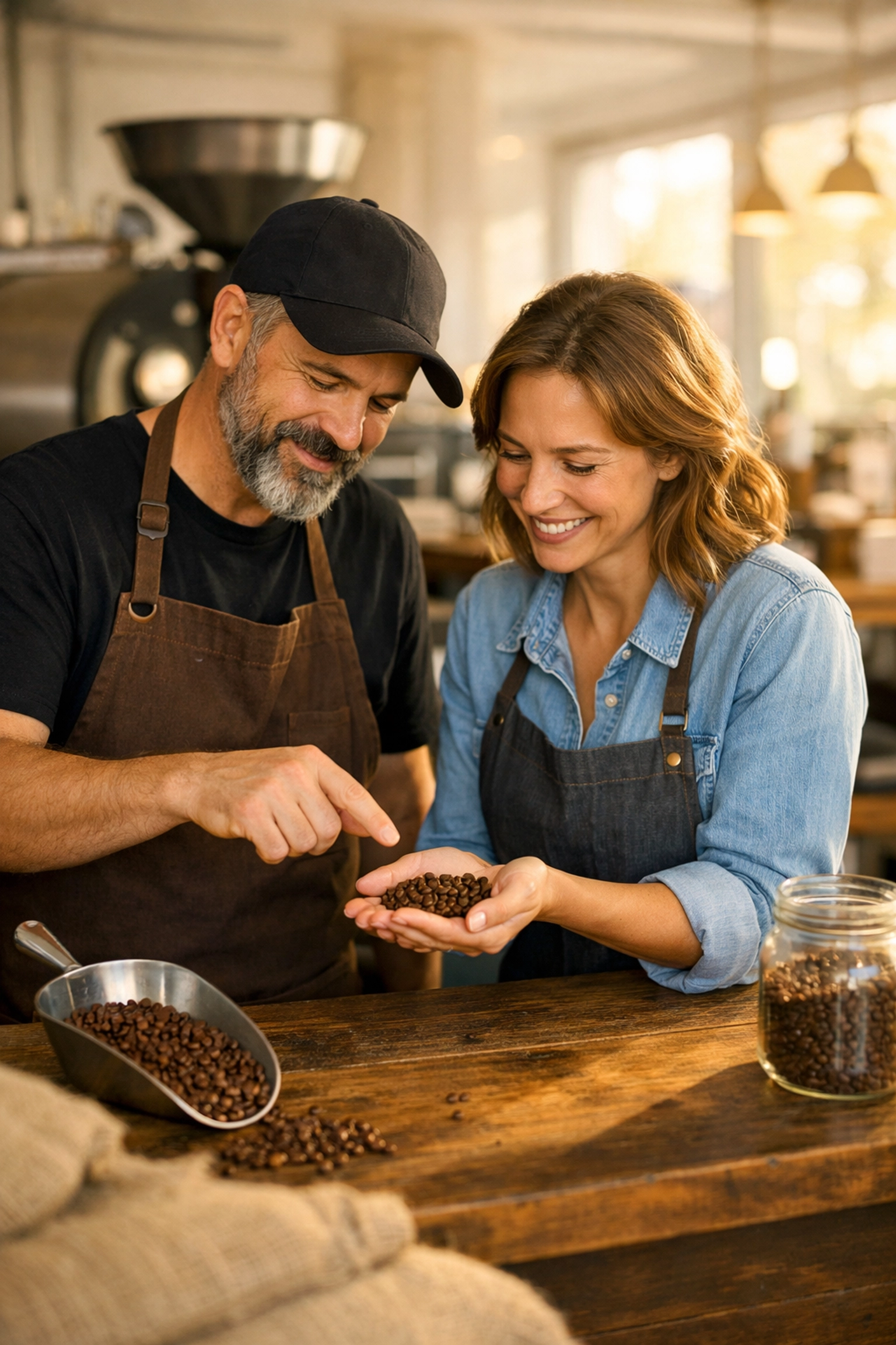 A specialty coffee supplier offering wholesale support and discussing beans with a cafe business owner.