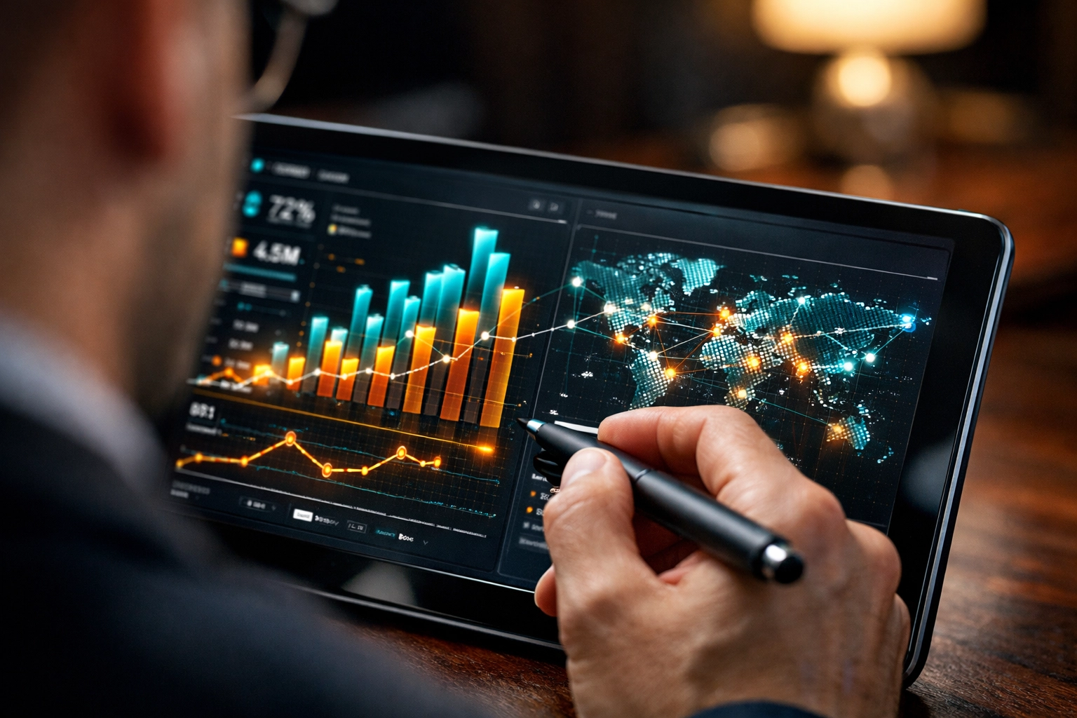 Real-time global analytics and data visualizations on a digital tablet used for strategic brand performance tracking.