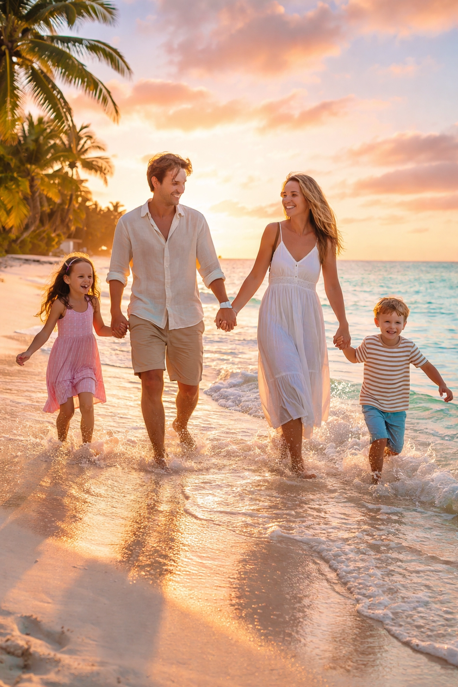 Family enjoying beach vacation at sunset, representing travel freedom and flexible careers