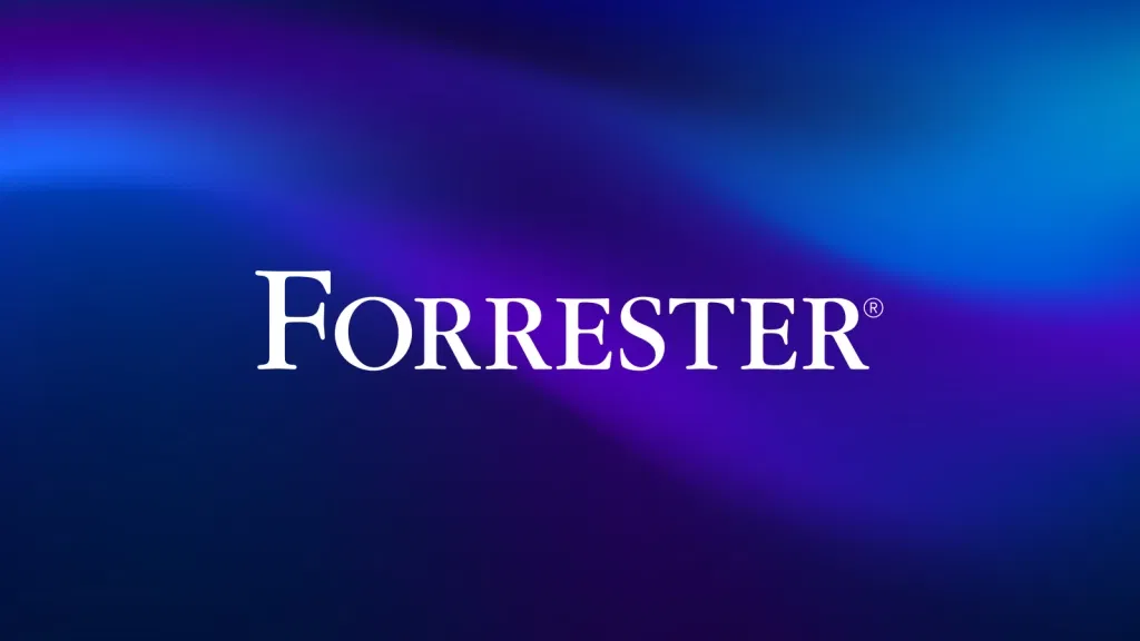The Forrester logo centered on a blue and purple gradient background.