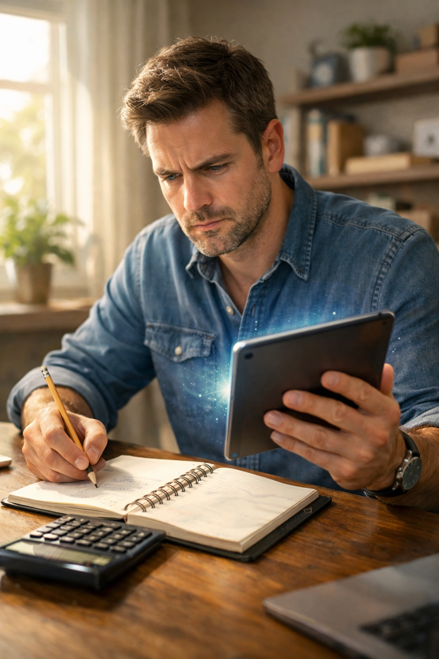 A person manually checking financial data on a tablet to verify AI results and prevent money mistakes.