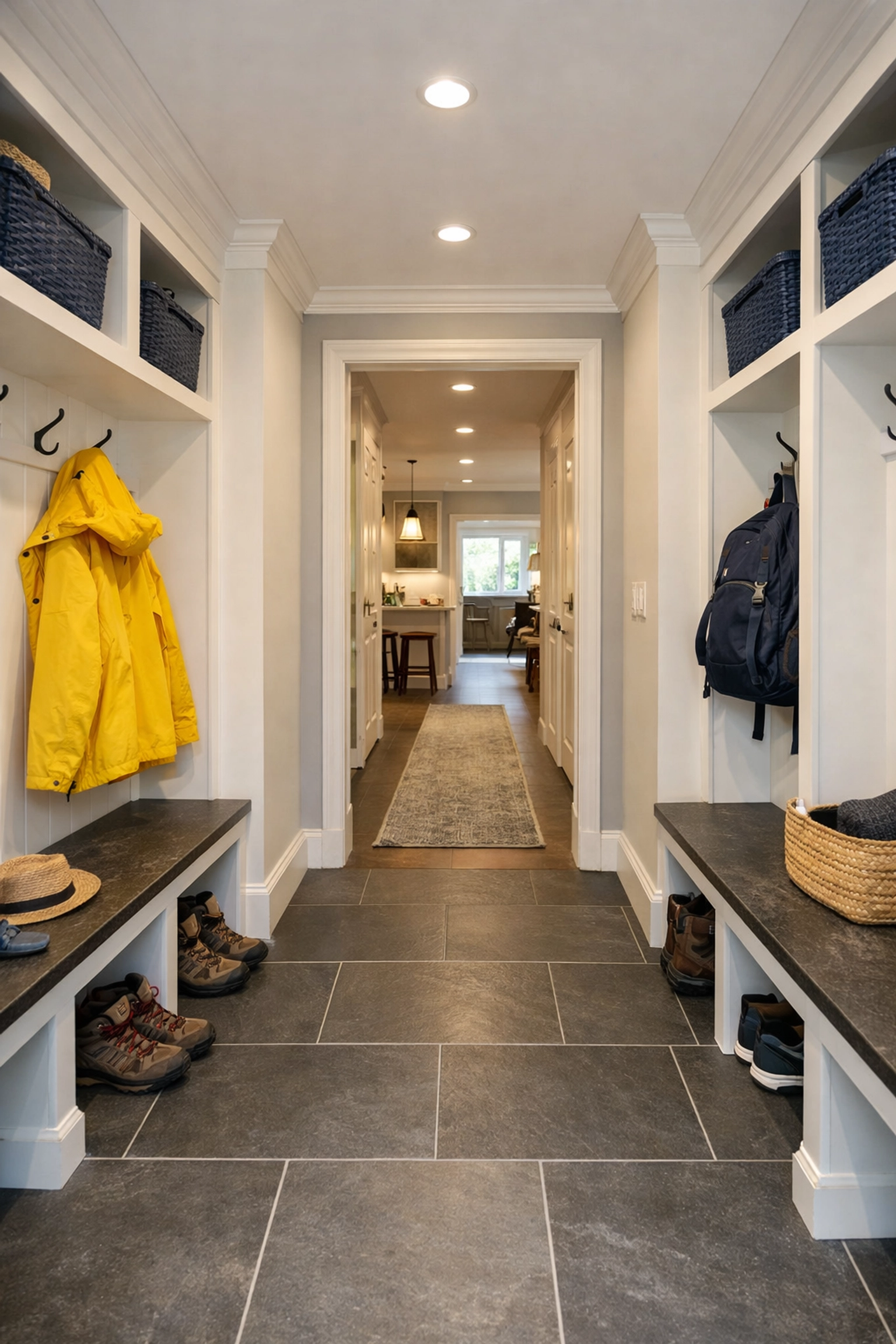 Organized mudroom with spotless floors illustrating the benefits of consistent weekly home maintenance.