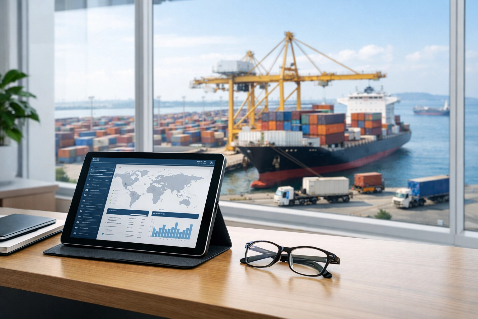 Modern logistics office overlooking a shipping port showcasing reliable freight forwarder services and technology.