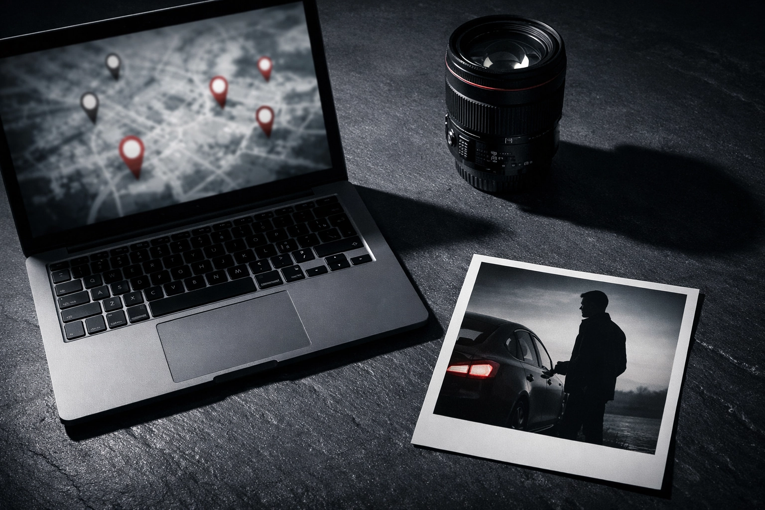 Investigative workspace with a digital map and evidence used by a process server in South Carolina to track subjects.