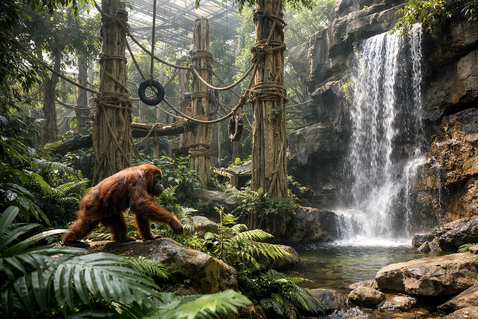 Wide-angle shot of a lush orangutan habitat in a zoo, showcasing conservation-led enclosure design.