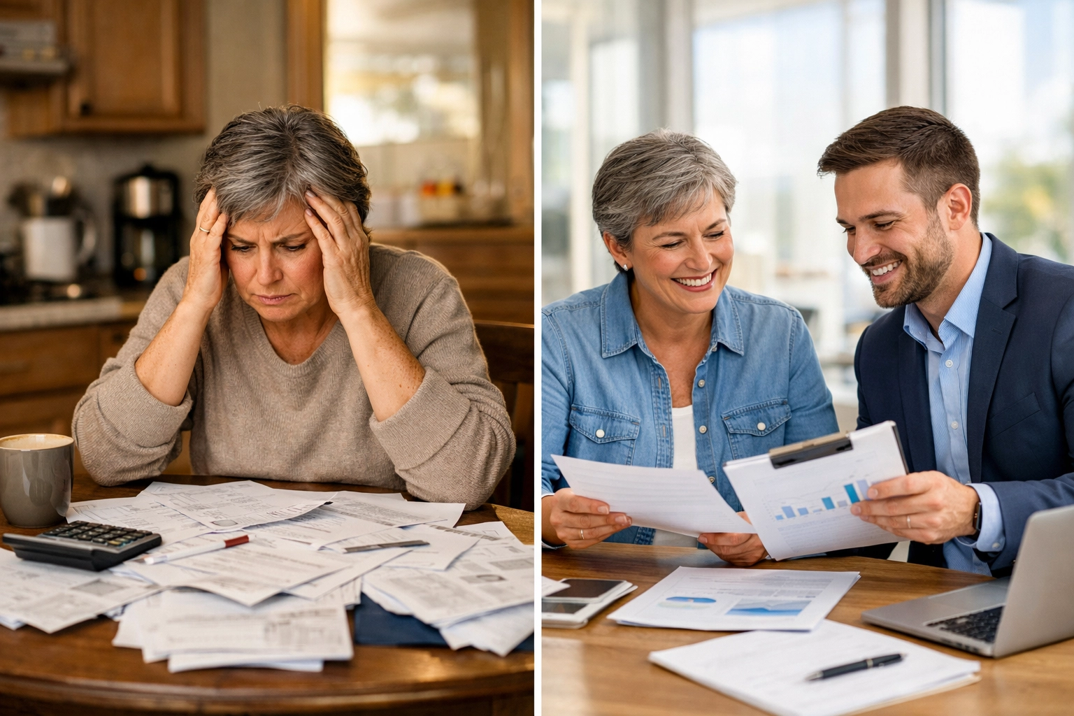 Confused person reviewing insurance paperwork versus confident meeting with financial advisor