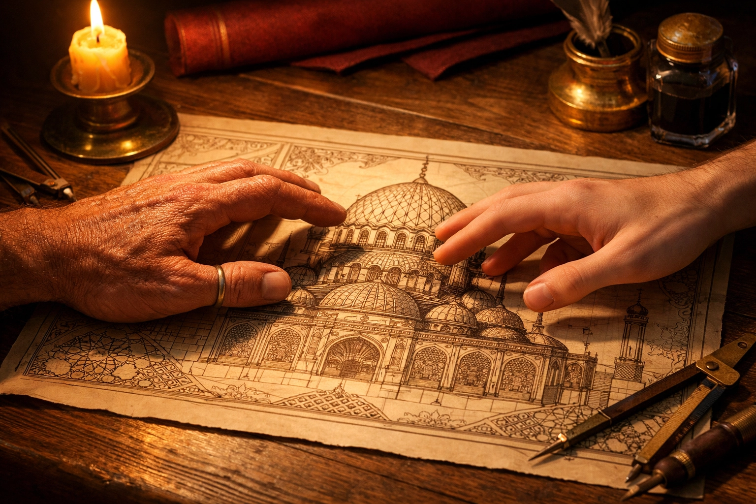 Apprentice and mentor hands reaching for Ottoman architectural blueprints in MM romance setting