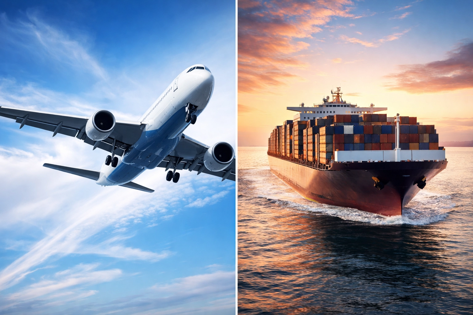 Side-by-side comparison of cargo plane and container ship illustrating air freight vs ocean freight options