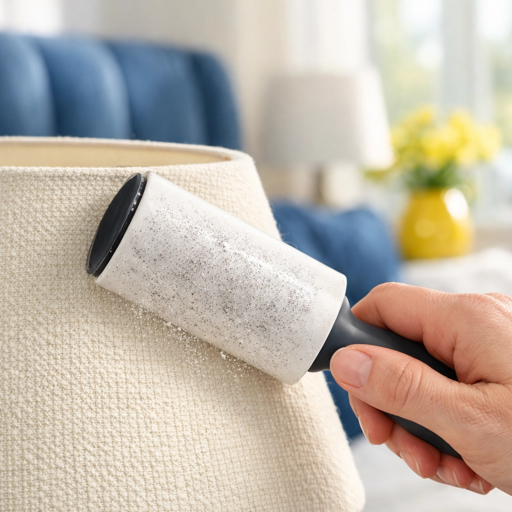 Close-up of a lint roller removing dust from a fabric lamp shade for a quick and effective clean.
