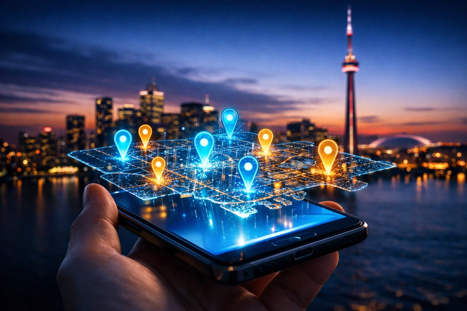 Digital map of Toronto on a smartphone highlighting local business locations for local SEO keyword mapping.